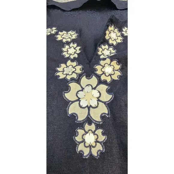 J Crew Top Womens 0 Blue Navy Linen Embroider Sequin Pullover Boho Coastal Y2K - Picture 8 of 12